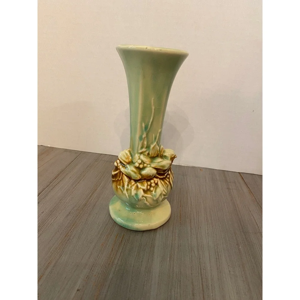 Vintage McCoy Bird and Nest Ceramic Bud Vase Celadon Green Brown Drip Glaze